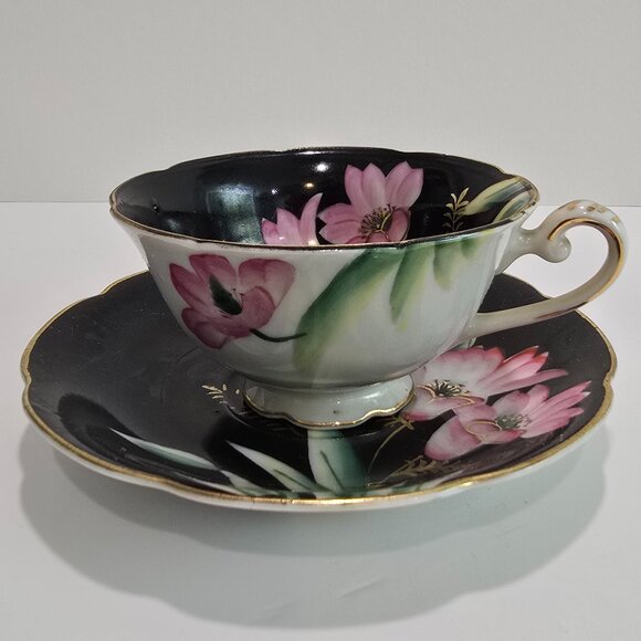 Maruki China - Vintage Teacup & Saucer Set, Hand-Painted Pink Orchids - Picture 1 of 7